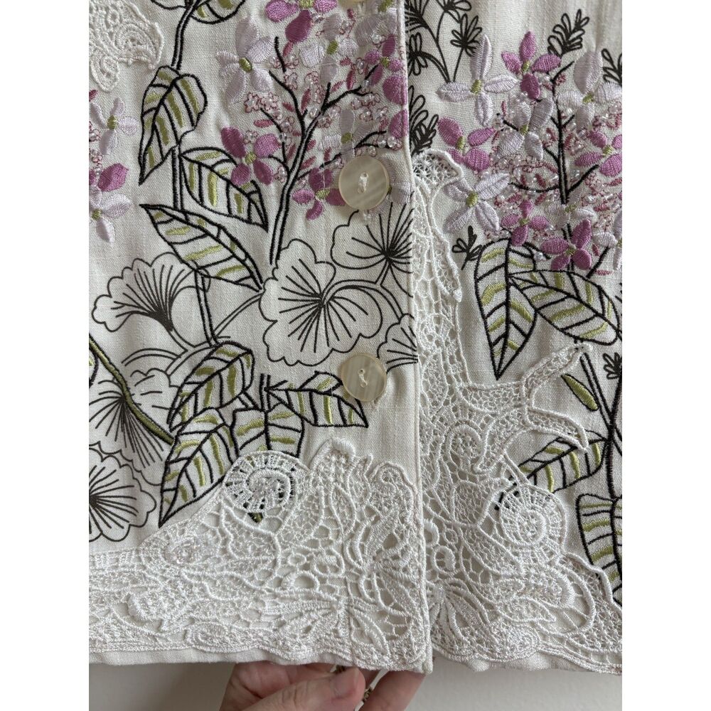 Vtg Draper’s & Damon’s Cream Blazer Beaded Petite Small Floral Lace Linen Asian - Picture 4 of 8
